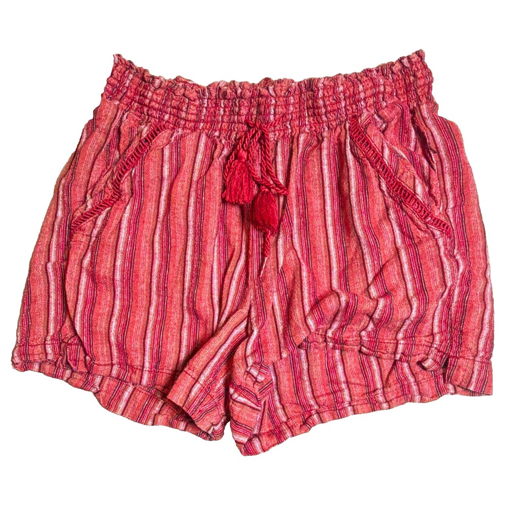 Briggs Women's Red White Striped Shorts Size M Linen Rayon Elastic Waist Pockets
